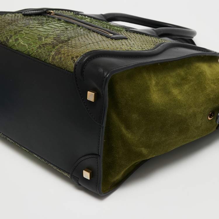 Pre Owned Celine Black/Green Python and Leather Mini Luggage Tote