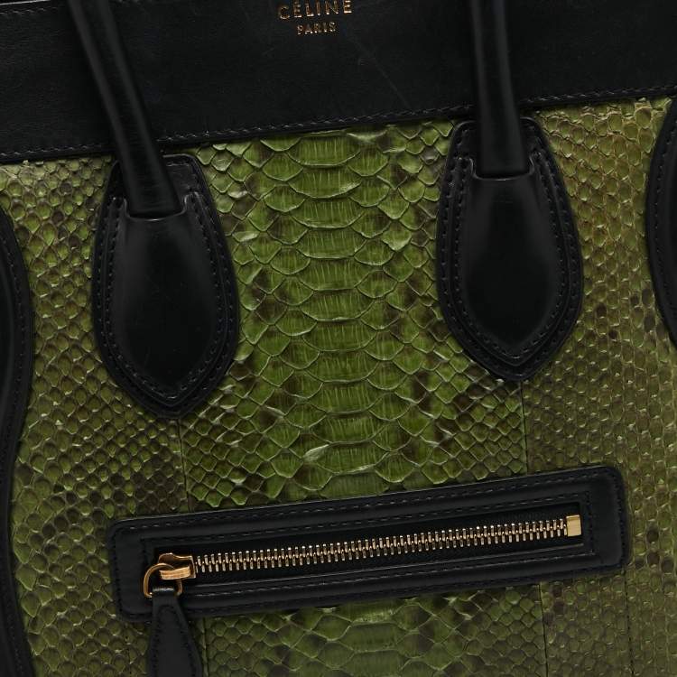 Pre Owned Celine Black/Green Python and Leather Mini Luggage Tote