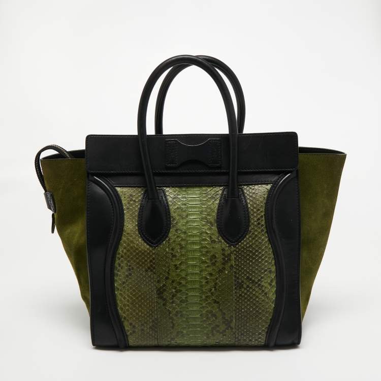 Pre Owned Celine Black/Green Python and Leather Mini Luggage Tote