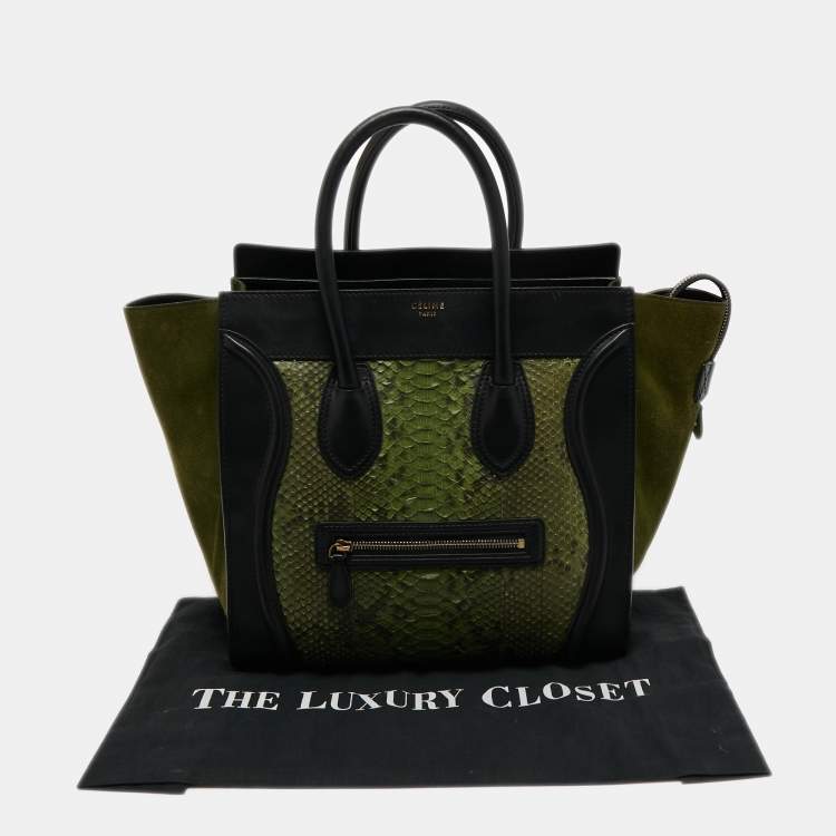 Pre Owned Celine Black/Green Python and Leather Mini Luggage Tote
