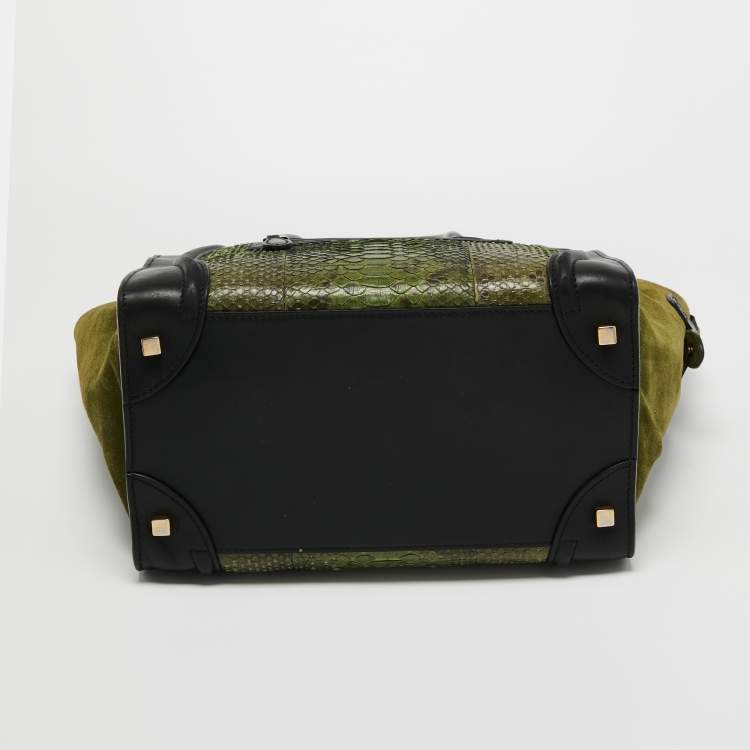 Pre Owned Celine Black/Green Python and Leather Mini Luggage Tote