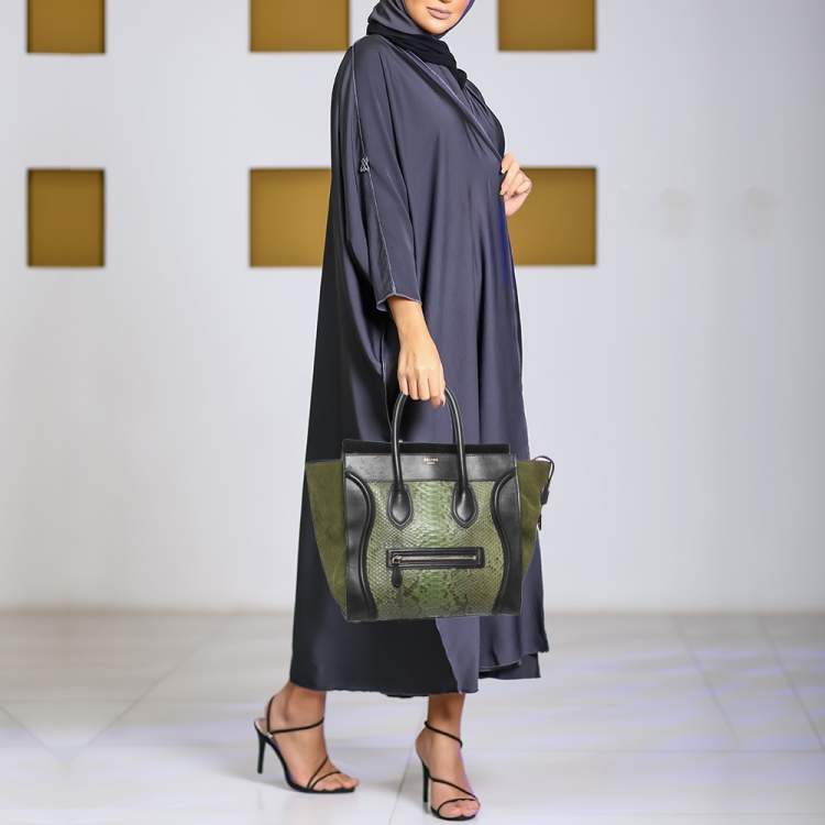 Pre Owned Celine Black/Green Python and Leather Mini Luggage Tote