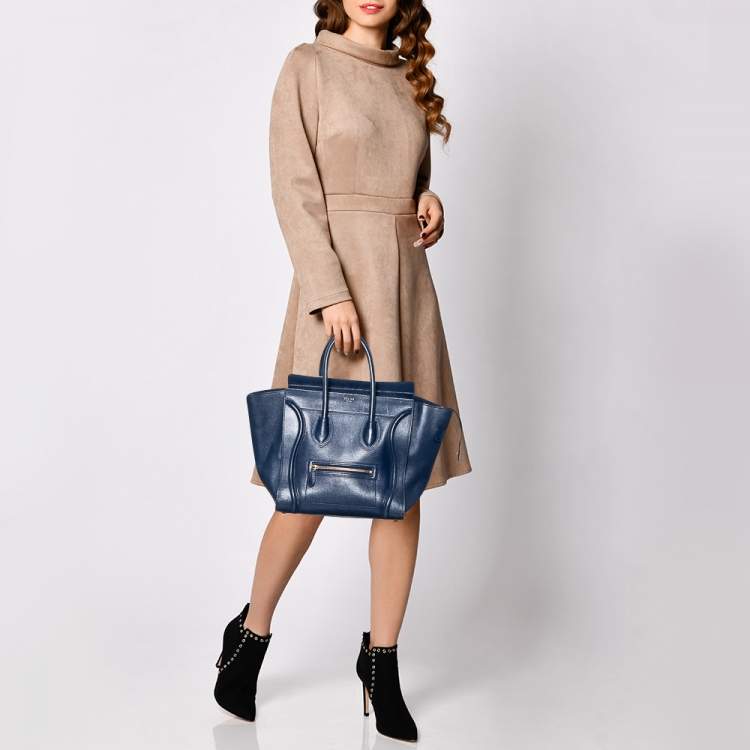 Pre Owned Celine Navy Blue Leather Mini Luggage Tote