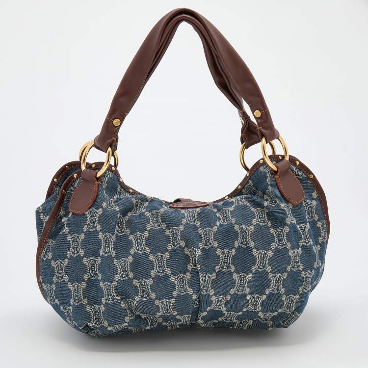 Pre Owned Celine Blue Macadam Denim and Leather Hobo