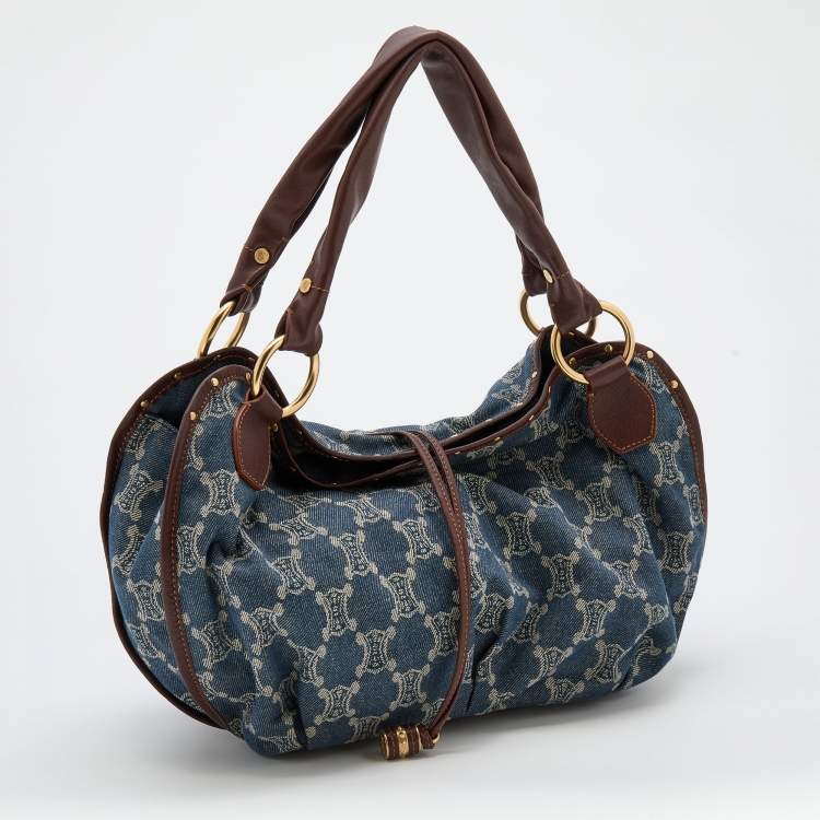 Pre Owned Celine Blue Macadam Denim and Leather Hobo