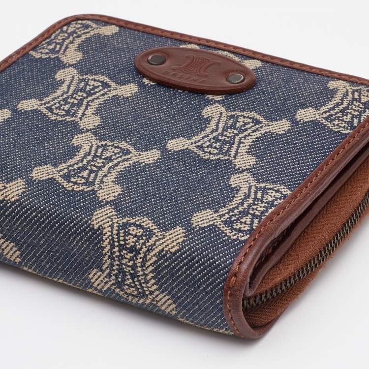 Pre Owned Celine Blue Macadam Denim and Leather Zip Around Compact Wallet