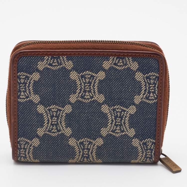 Pre Owned Celine Blue Macadam Denim and Leather Zip Around Compact Wallet