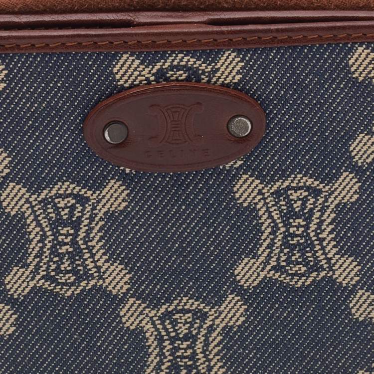 Pre Owned Celine Blue Macadam Denim and Leather Zip Around Compact Wallet