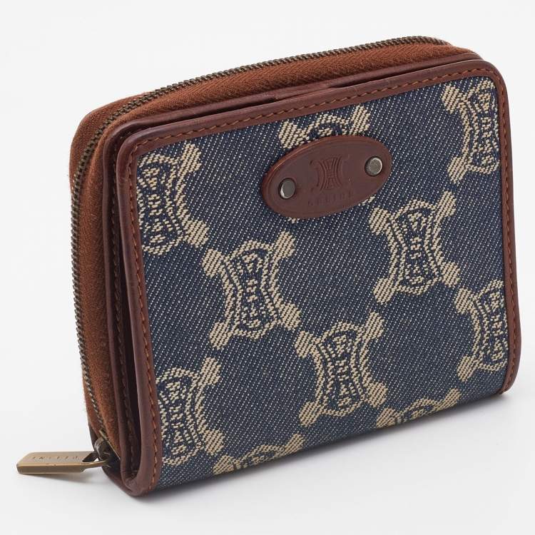 Pre Owned Celine Blue Macadam Denim and Leather Zip Around Compact Wallet