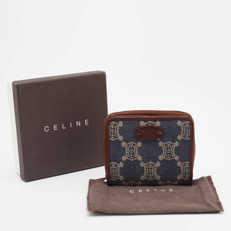 Pre Owned Celine Blue Macadam Denim and Leather Zip Around Compact Wallet