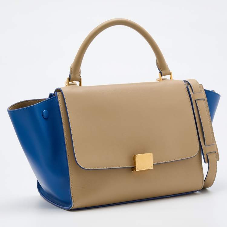 Pre Owned Celine Beige/Blue Leather Small Trapeze Top Handle Bag