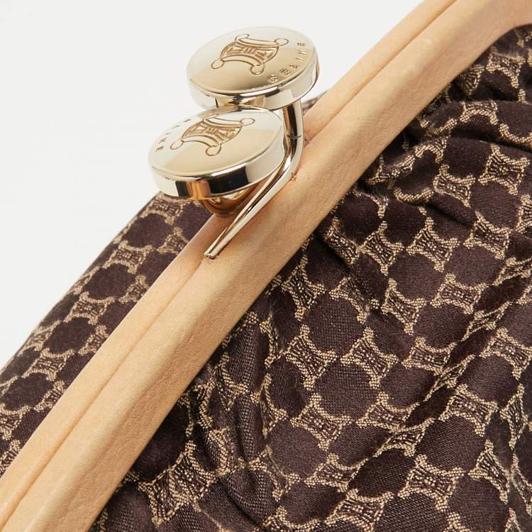Pre Owned Celine Dark Brown/Beige Macadam Canvas and Leather Frame Clutch