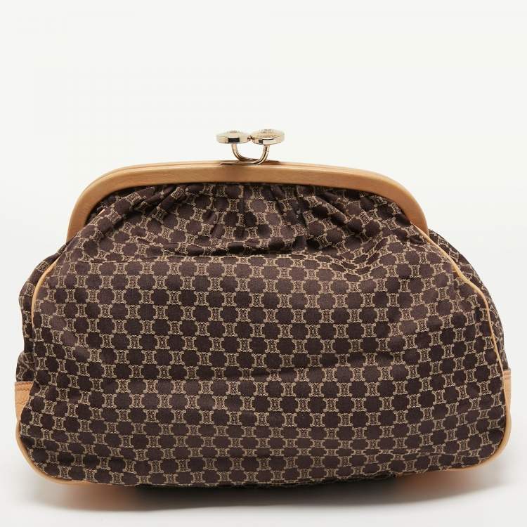 Pre Owned Celine Dark Brown/Beige Macadam Canvas and Leather Frame Clutch