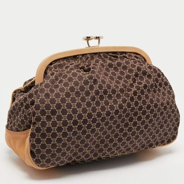 Pre Owned Celine Dark Brown/Beige Macadam Canvas and Leather Frame Clutch