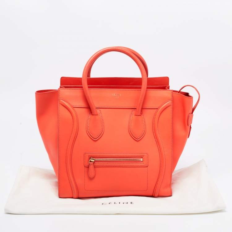 Pre Owned Celine Neon Orange Leather Mini Luggage Tote