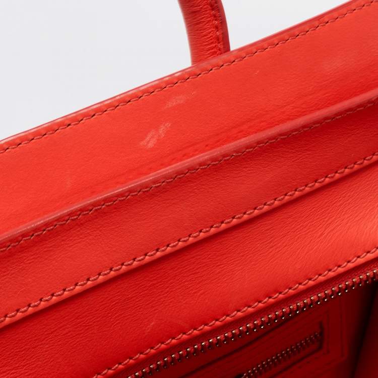 Pre Owned Celine Neon Orange Leather Mini Luggage Tote