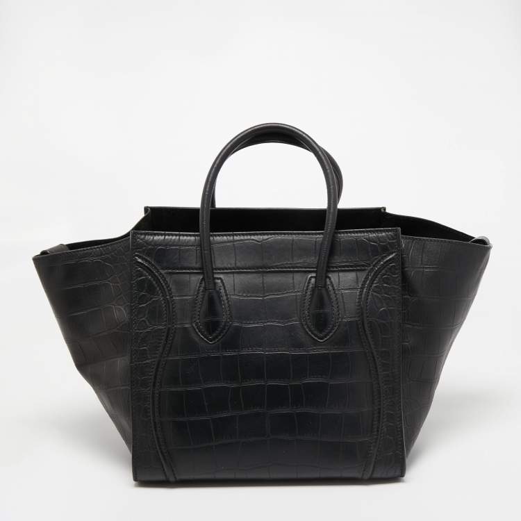 Pre Owned Celine Black Croc Embossed Leather Medium Phantom Luggage Tote