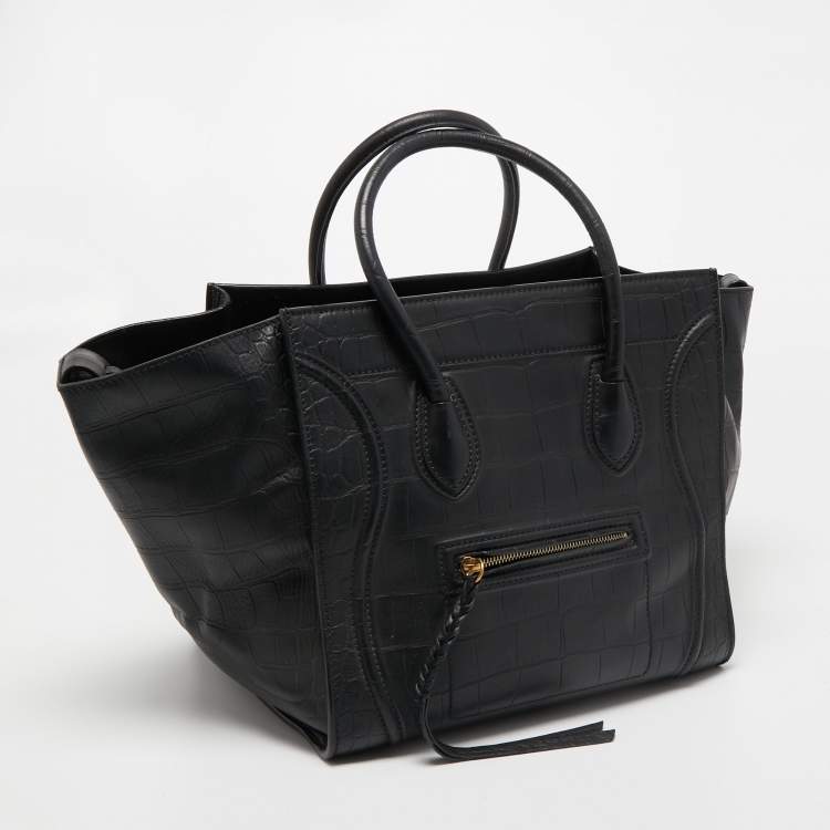 Pre Owned Celine Black Croc Embossed Leather Medium Phantom Luggage Tote