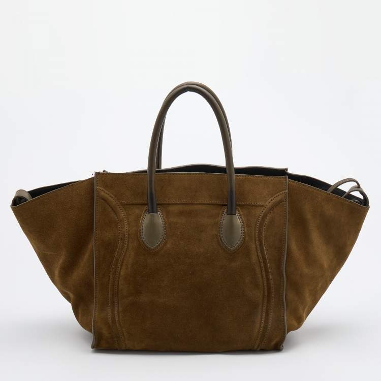 Pre Owned Celine Olive Green Suede and Leather Medium Phantom Luggage Tote