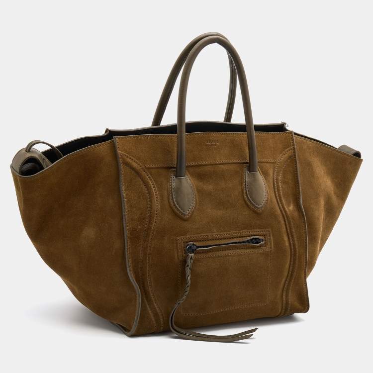 Pre Owned Celine Olive Green Suede and Leather Medium Phantom Luggage Tote