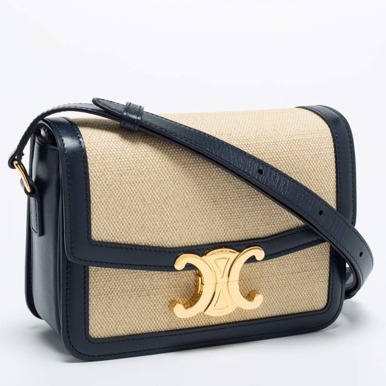 Pre Owned Celine Beige Canvas and Leather Teen Triomphe Shoulder Bag