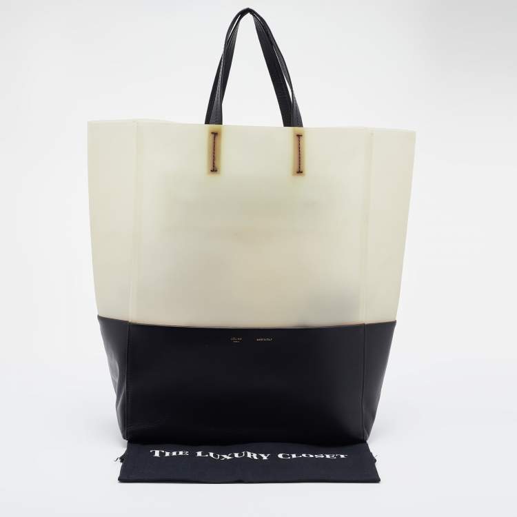Pre Owned Celine Cream/Black Leather and Vinyl Vertical Cabas Tote