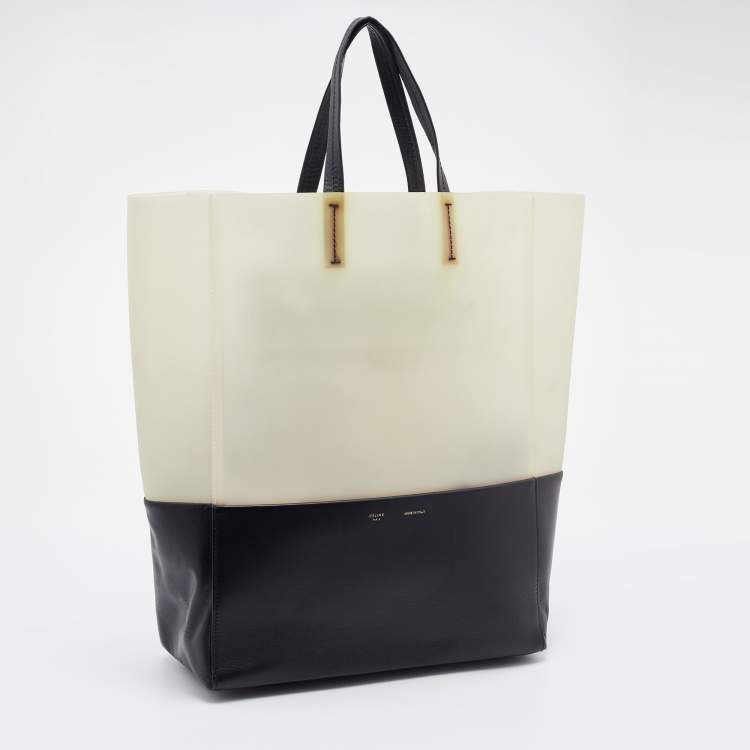 Pre Owned Celine Cream/Black Leather and Vinyl Vertical Cabas Tote