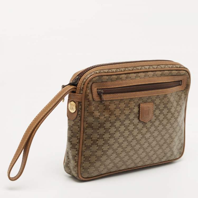 Pre Owned Celine Brown Macadam Coated Canvas and Leather Wristlet Pouch
