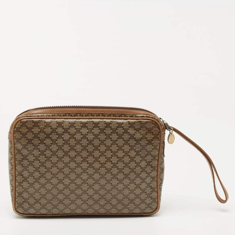 Pre Owned Celine Brown Macadam Coated Canvas and Leather Wristlet Pouch