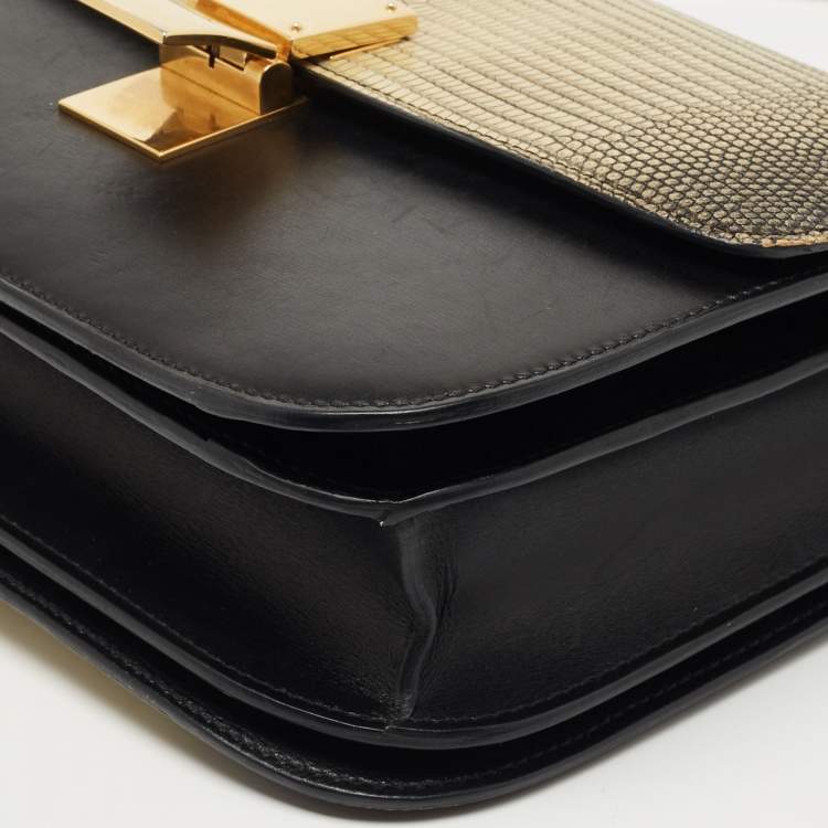 Pre Owned Celine Black/Yellow Lizard and Leather Medium Classic Box Bag