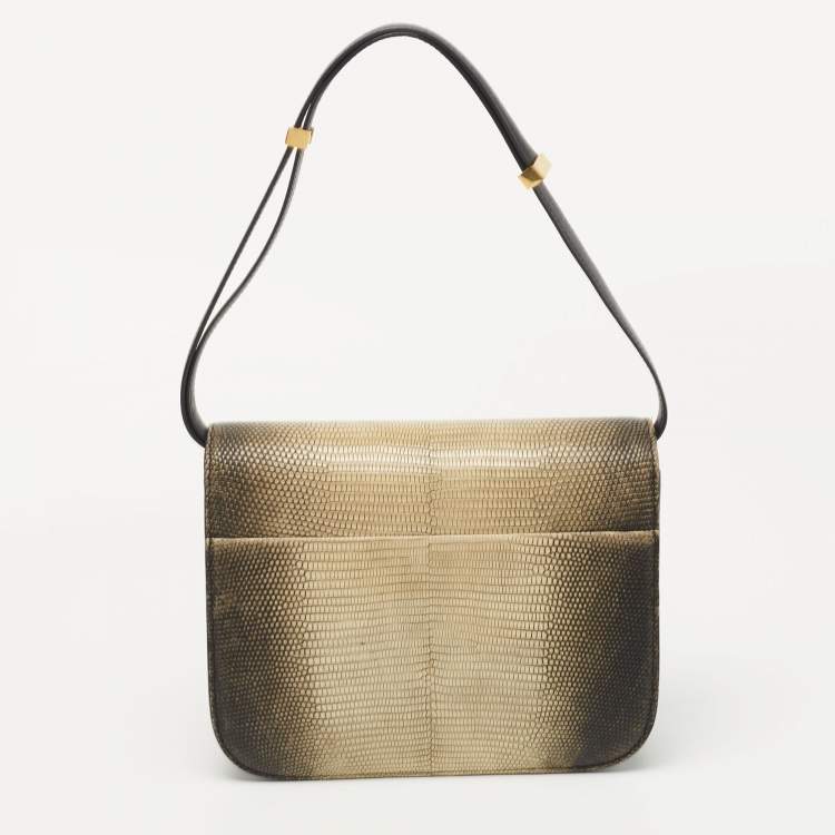 Pre Owned Celine Black/Yellow Lizard and Leather Medium Classic Box Bag