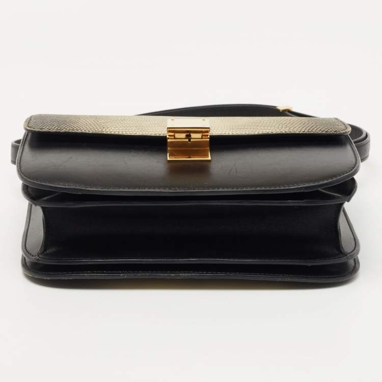 Pre Owned Celine Black/Yellow Lizard and Leather Medium Classic Box Bag