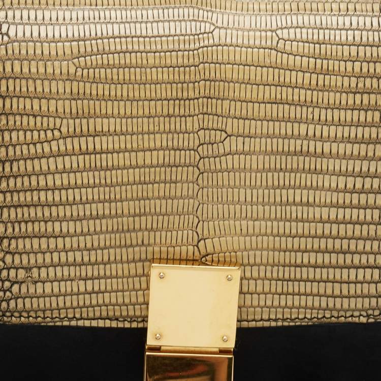 Pre Owned Celine Black/Yellow Lizard and Leather Medium Classic Box Bag