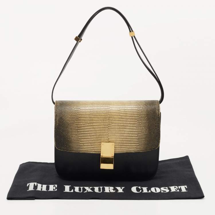 Pre Owned Celine Black/Yellow Lizard and Leather Medium Classic Box Bag