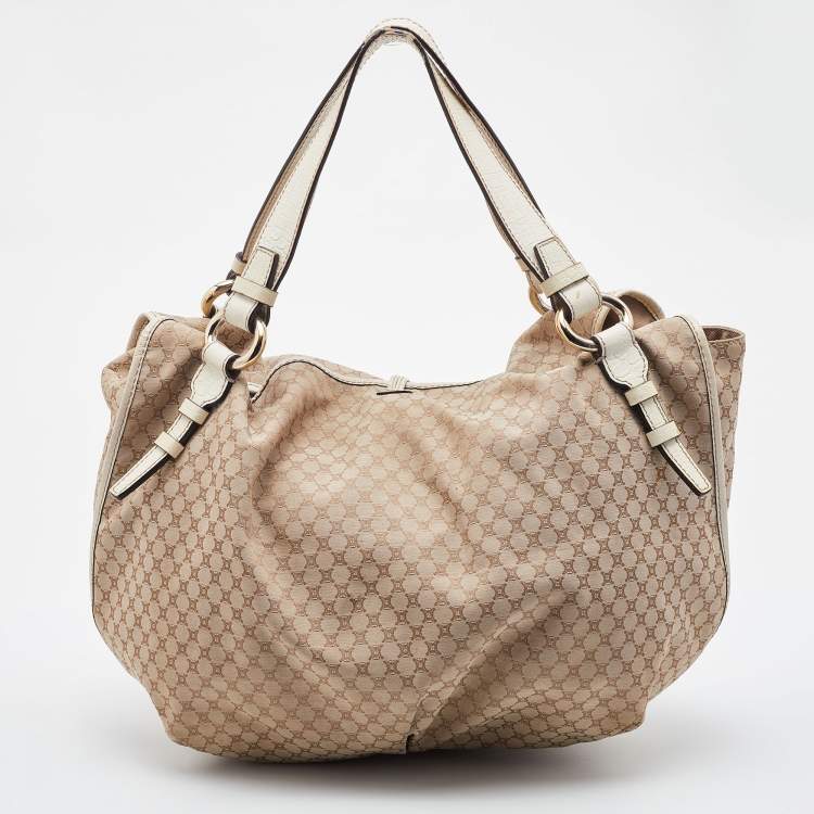 Pre Owned Celine Beige/White Canvas and Croc Embossed Leather Bittersweet Shoulder Bag
