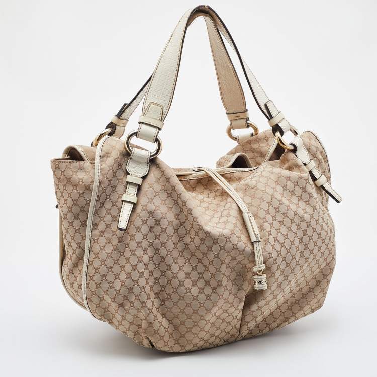 Pre Owned Celine Beige/White Canvas and Croc Embossed Leather Bittersweet Shoulder Bag