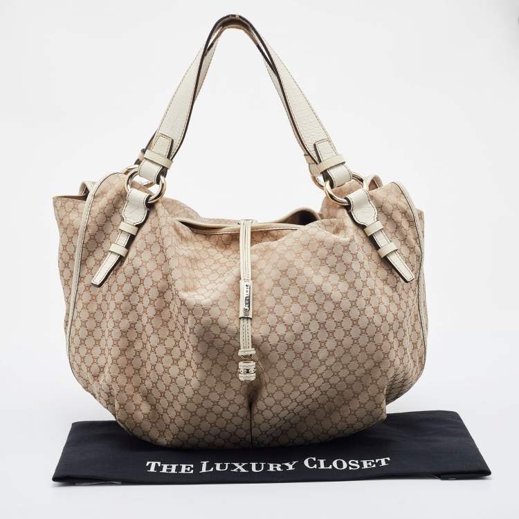 Pre Owned Celine Beige/White Canvas and Croc Embossed Leather Bittersweet Shoulder Bag