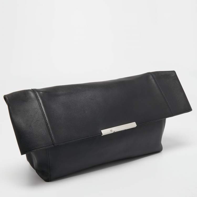 Pre Owned Celine Black Leather Cabas Fold Over Clutch 