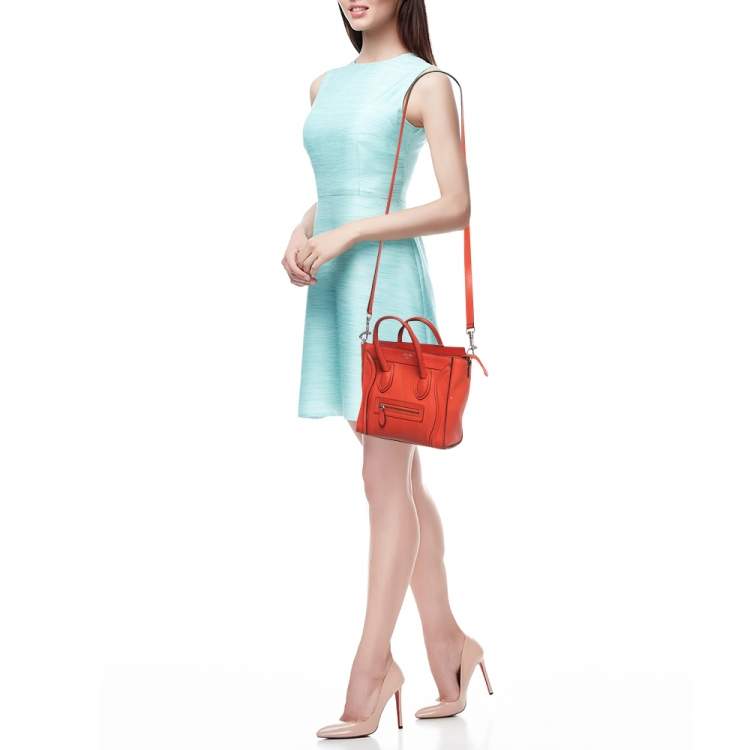Pre Owned Céline Orange Grained Leather Nano Luggage Tote