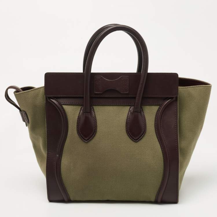 Pre Owned Celine Khaki Green/Brown Canvas and Leather Mini Luggage Tote