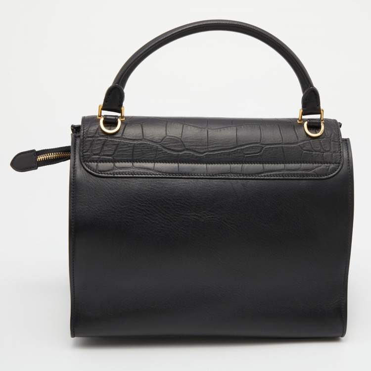 Pre Owned Celine Black Croc Embossed Leather and Suede Medium Trapeze Top Handle Bag
