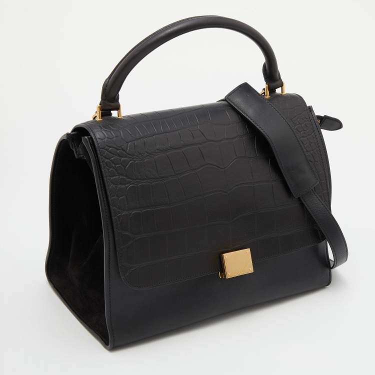 Pre Owned Celine Black Croc Embossed Leather and Suede Medium Trapeze Top Handle Bag