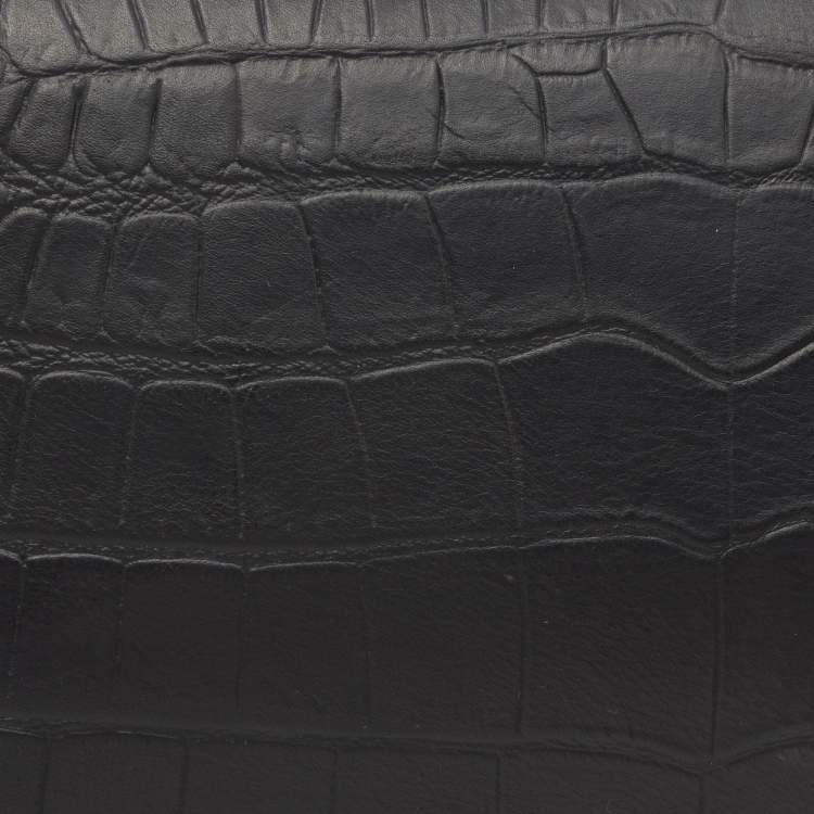 Pre Owned Celine Black Croc Embossed Leather and Suede Medium Trapeze Top Handle Bag