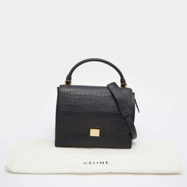 Pre Owned Celine Black Croc Embossed Leather and Suede Medium Trapeze Top Handle Bag