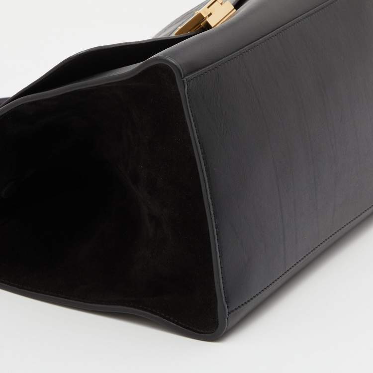 Pre Owned Celine Black Croc Embossed Leather and Suede Medium Trapeze Top Handle Bag