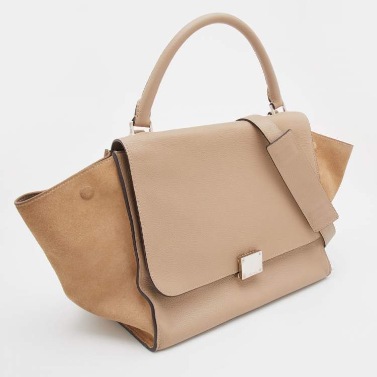 Pre Owned Celine Sand Brown Leather and Suede Medium Trapeze Top Handle Bag
