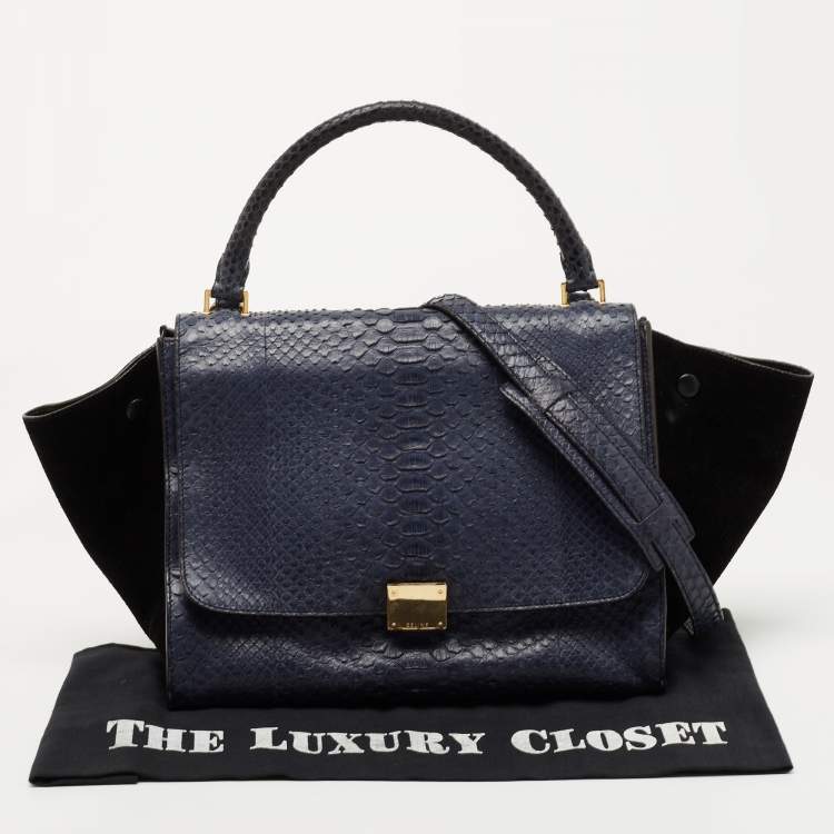 Pre Owned Celine Blue/Black Python and Suede Medium Trapeze Tote