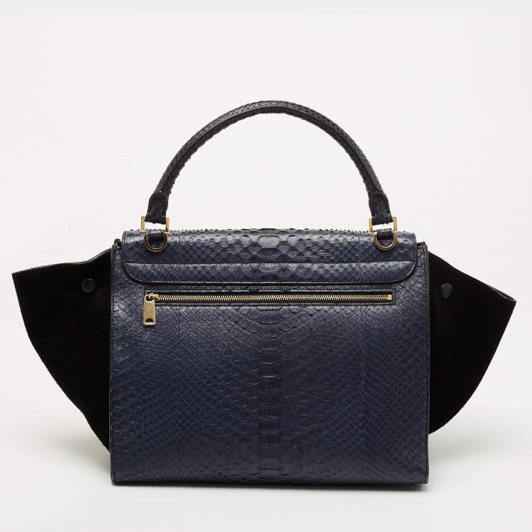 Pre Owned Celine Blue/Black Python and Suede Medium Trapeze Tote