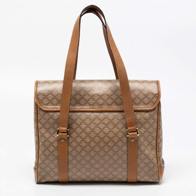 Pre Owned Celine Tan/Beige Macadam Coated Canvas and Leather Satchel