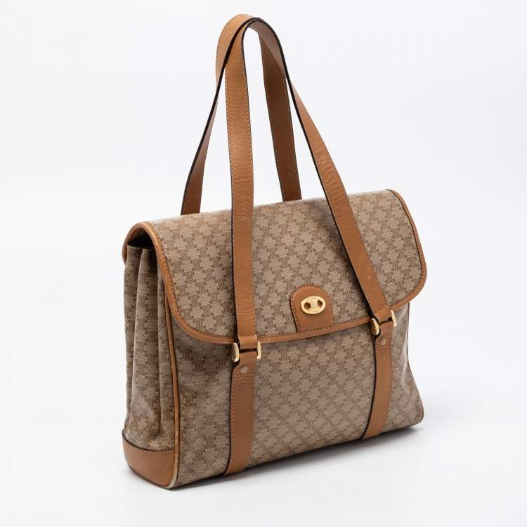 Pre Owned Celine Tan/Beige Macadam Coated Canvas and Leather Satchel